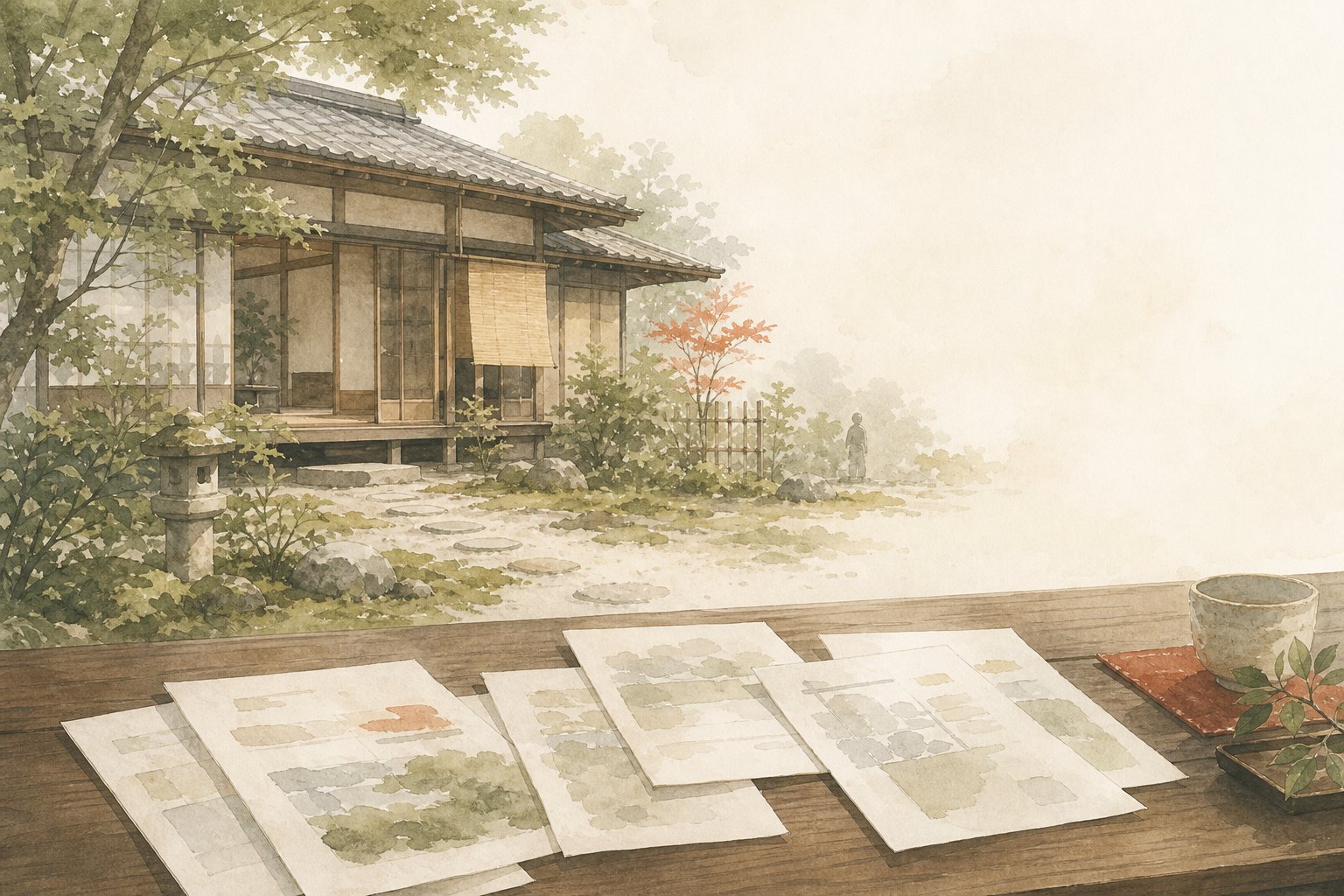 家の前に複数の書類が並ぶ水彩イラスト
