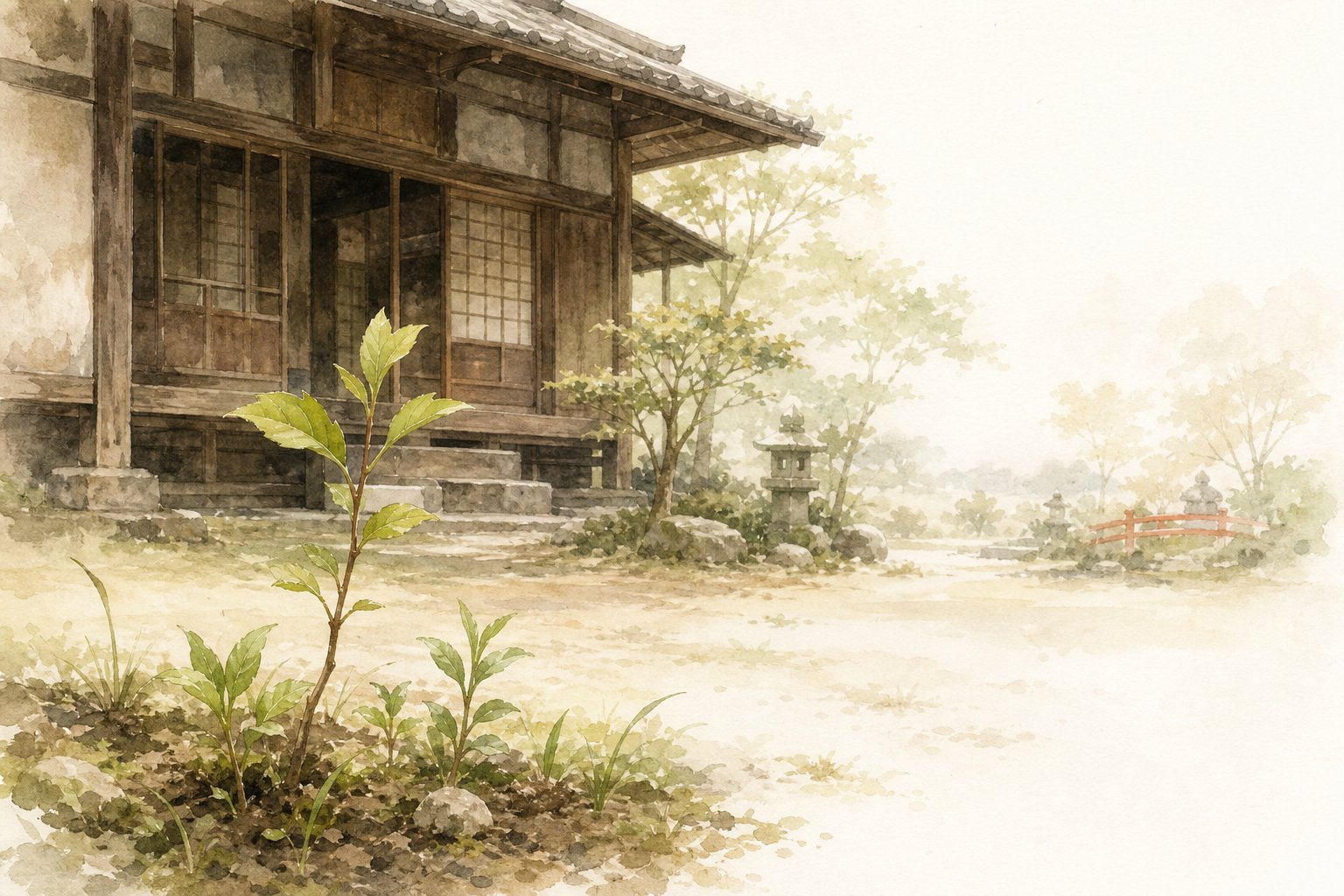 古い日本家屋と手前の若木の水彩イラスト