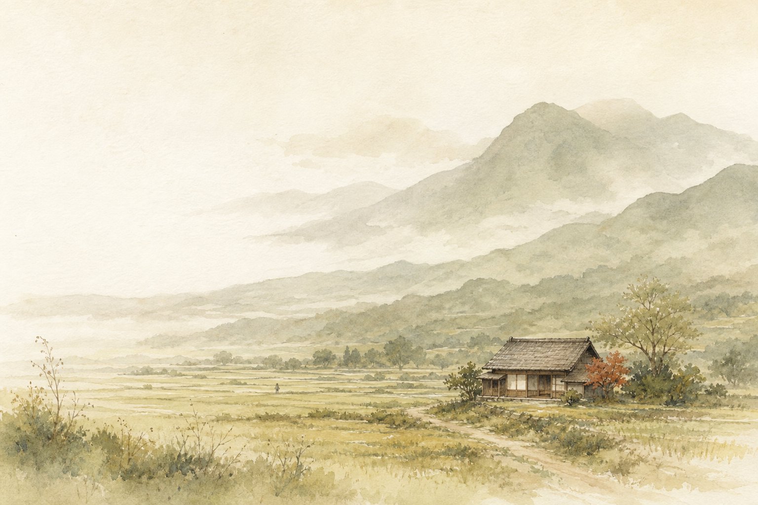遠景の山と一軒家の水彩イラスト