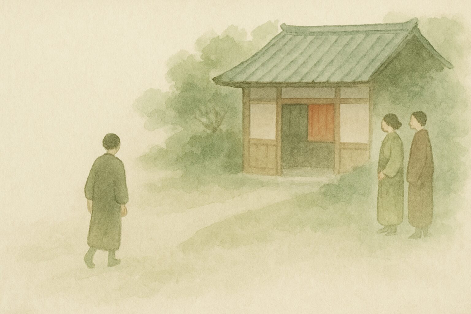 家から離れて歩く一人と、家の前で見送る二人の水彩イラスト