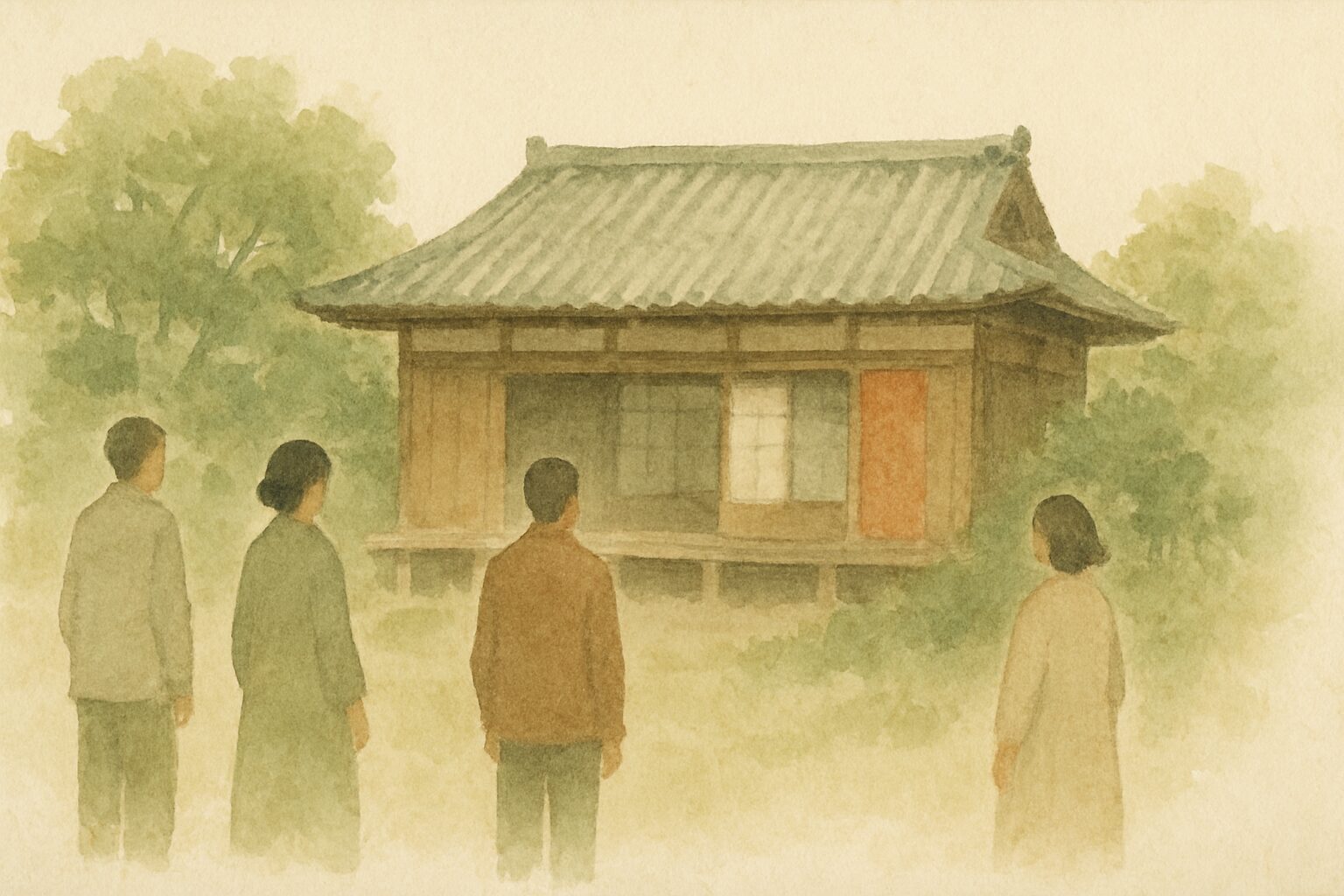 家の前に静かに立つ人々の水彩イラスト