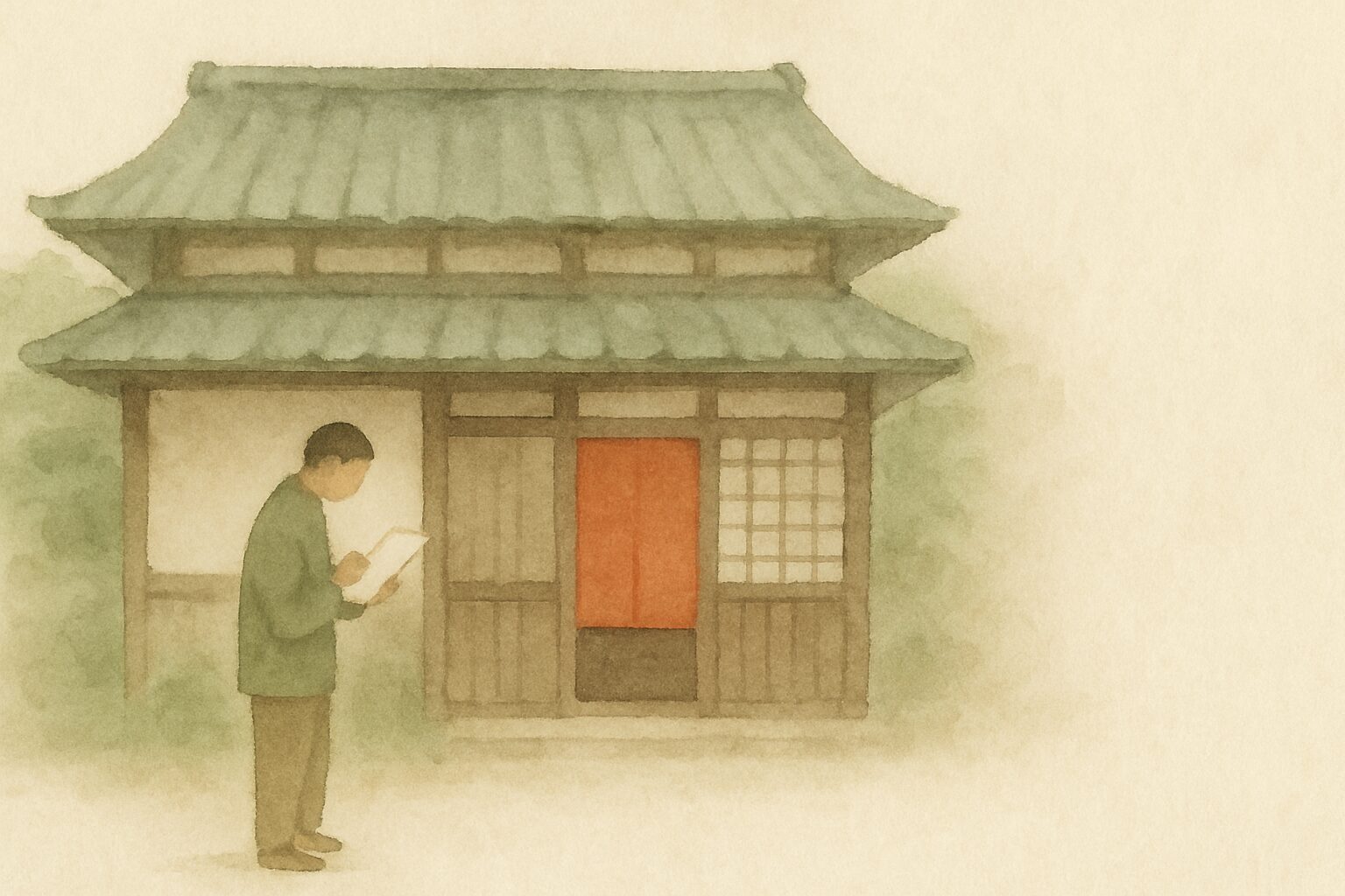 家の前で書類を手にした一人の水彩イラスト