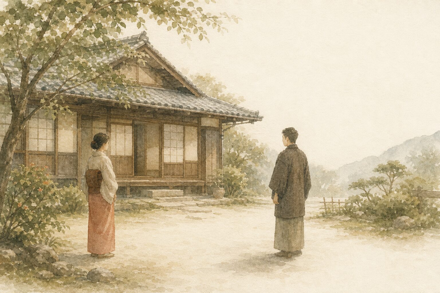 家の前に立つ複数の人影と、一人分の空白を描いた水彩イラスト
